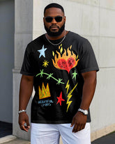Men's Plus Size Black Hand-painted Graffiti Print Short-sleeve T-shirt